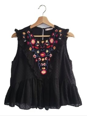 ZARA Embroidered Boho Floral Ruffle Peplum Top Embroidered Size S